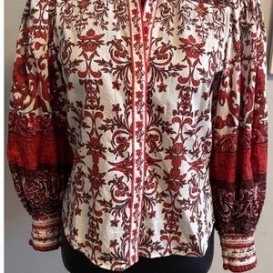 Alice + Olivia Red and White Patterned Blouse EUC
